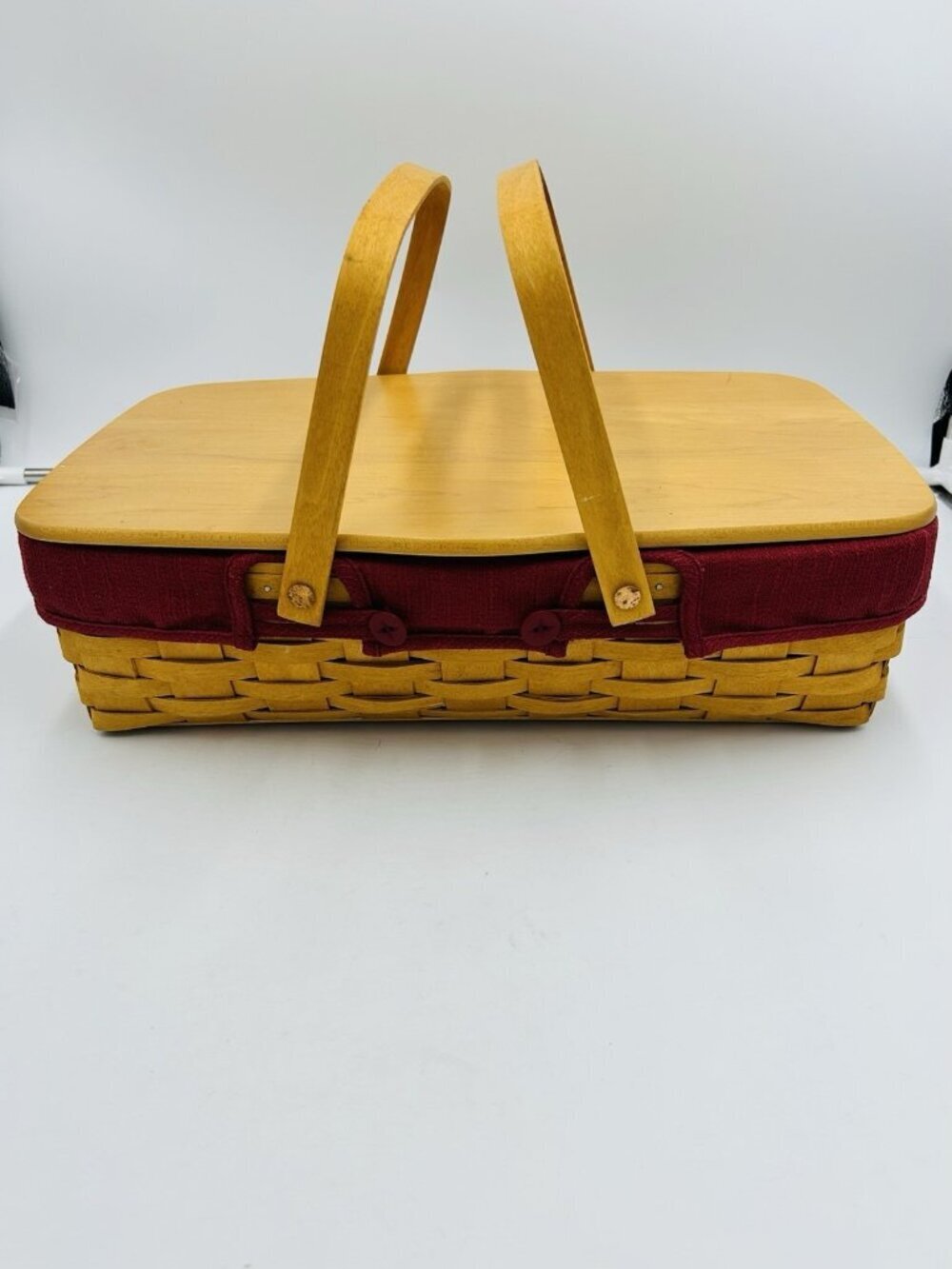 Longaberger Hostess Basket Two Handles Wooden Lid Red Fabric Plastic Liner 2002